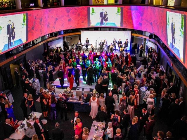 An aerial shot of an event at the Kentucky Derby Museum.