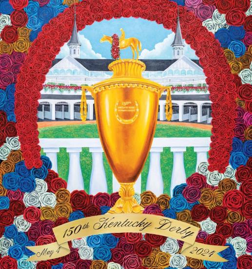 Artwork for the 150th Kentucky Derby with a trophy and roses.