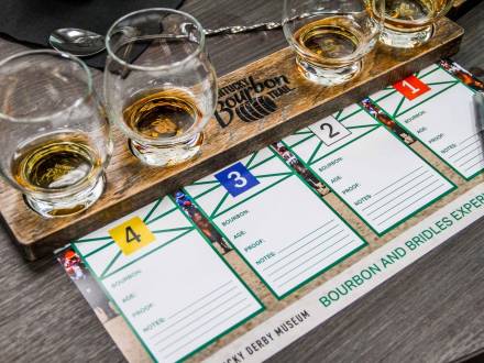 Bourbon and Bridles tasting flight and card.