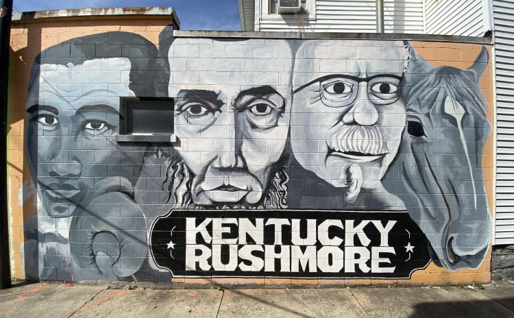 Louisville mural of Muhammad Ali, Abraham Lincoln, Colonel Sanders and Thoroughbred horse with the phrase "Kentucky Rushmore"