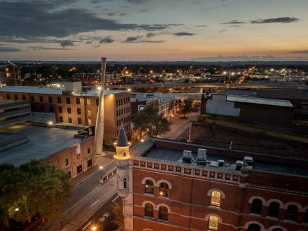 aerial view of Museum Row, Louisville's Main Street at sunset
