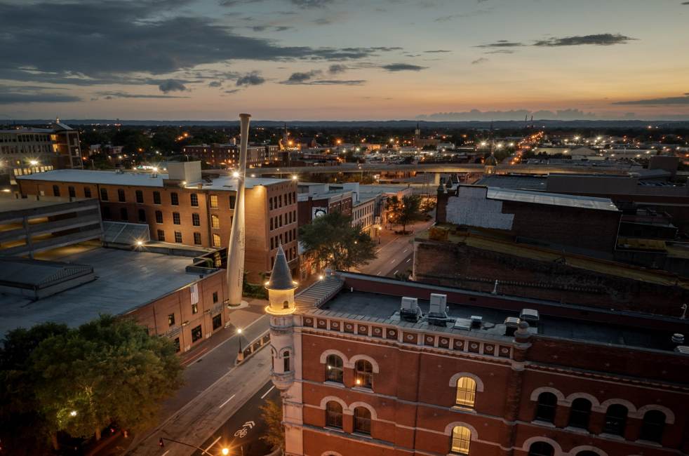 aerial view of Museum Row, Louisville's Main Street at sunset