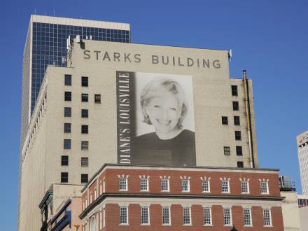 A large mural of journalist Diane Sawyer on the side of a building in Louisville, KY.