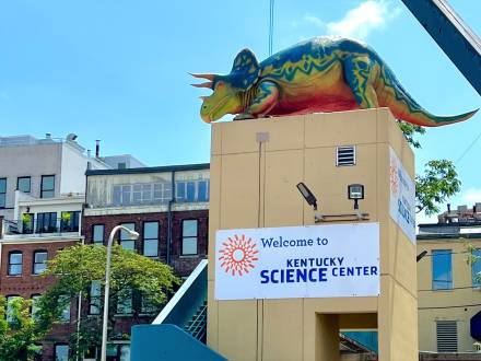 a large Triceratops on top of the Kentucky Science Center on Louisville's Main Street