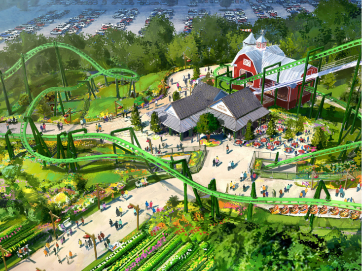 A digital rendering of a lime green roller coaster weaving above tree tops and looping through a red barn.