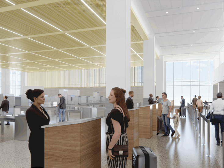 Rendering of a bright airport security area where travelers with luggage wait in line under a high, wood-slatted ceiling.