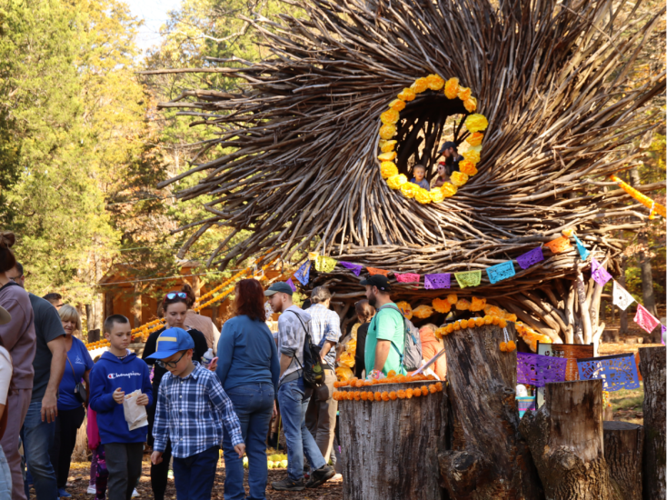 Families gather at ColorFest in Bernheim Forest near a large wooden nest sculpture decorated with marigolds and flags.