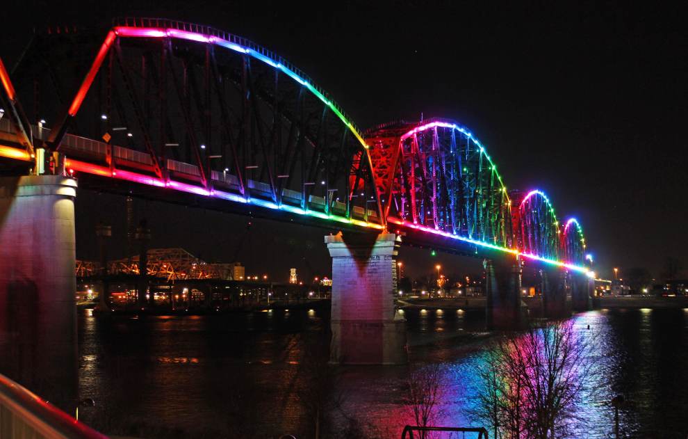 Big Four Bridge outlined with raindbow lights during the Big Four Arts Festival